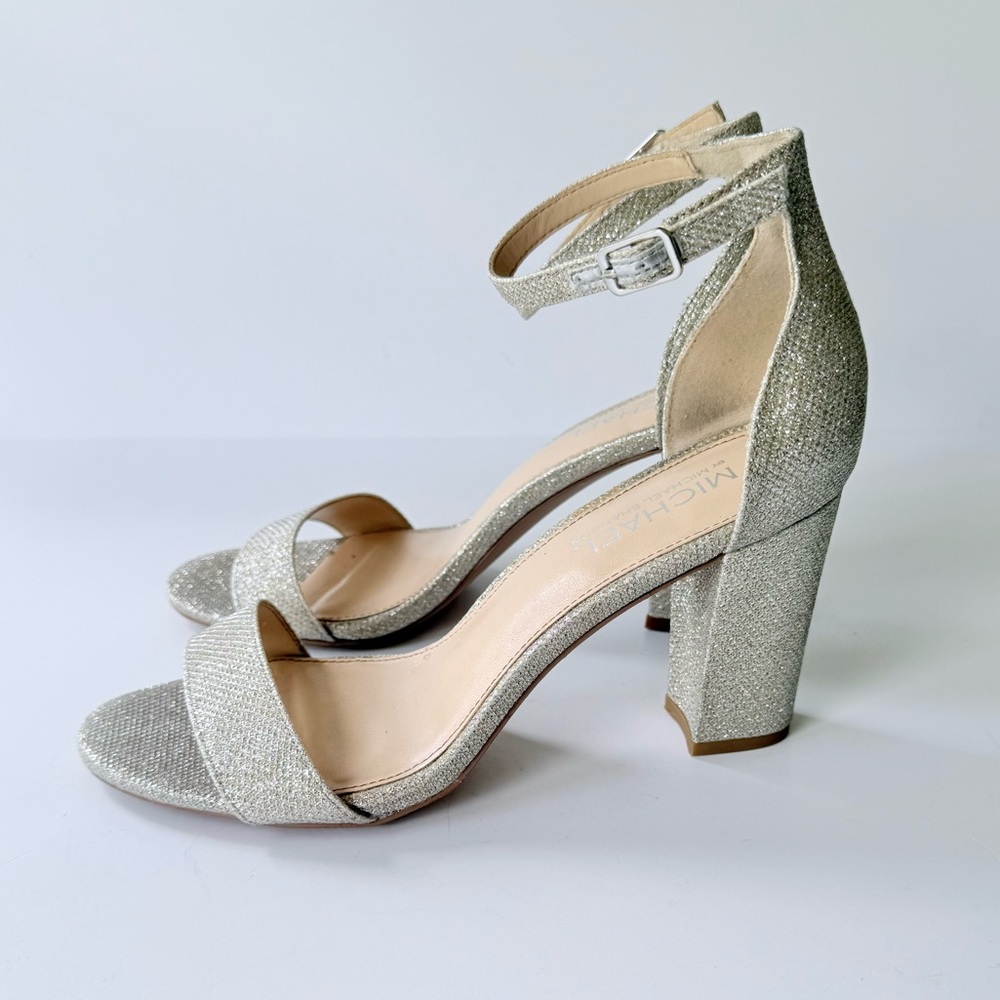 Michael Michael Kors Sascha Silver Glitter High Heel Ankle Strap Sandal 9 - Picture 3 of 15